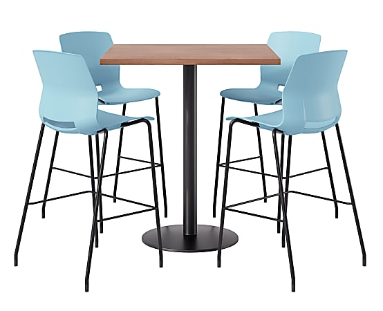 KFI Studios Proof Bistro Square Pedestal Table, Includes 4 Stools, 43-1/2”H x 42”W x 42”D, River Cherry Top/Black Base/Sky Blue Chairs - 840031942036