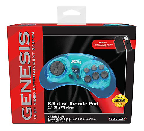 SEGA 8-Button Arcade Pad Wireless Controller For Sega/Nintendo/PlayStation/PC, Clear Blue