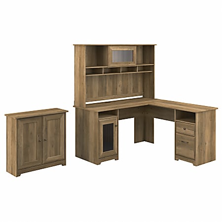 Bush Furniture Cabot L-Shaped Desk With Hutch And Small Storage Cabinet With Doors, Reclaimed Pine, Standard Delivery