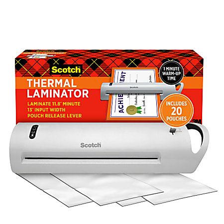 Scotch® Thermal Laminator Combo Pack, 1 White Thermal Laminator 13" Wide, 20 Laminating Sheets, Fits Letter Size