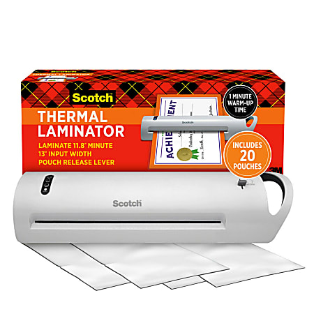 Scotch Thermal Laminator TL1302XVP, 13" Width, 5 mil Thicknes, 1 Thermal Laminator with 20 Letter Size Pouches