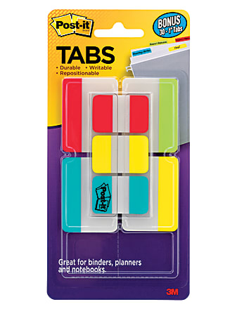 Post-it® Notes Durable Filing Tabs, 1" And 2" Tabs, Assorted Colors (686VAD2), Pack Of 7 Pads; Green, Yellow, Red, Aqua