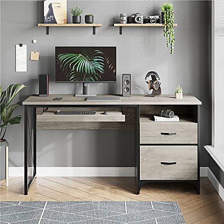 Bestier 56"W Office Desk With Drawers & Tray, Retro Gray Oak Light