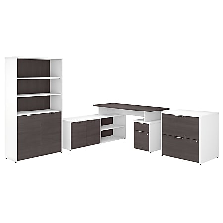 Bush Business Furniture Jamestown 60"W L-Shaped Desk With Lateral File Cabinet And 5-Shelf Bookcase, Storm Gray/White, Standard Delivery