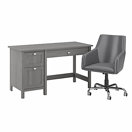 Bush Furniture Broadview 54"W Computer Desk With Mid-Back Leather Box Chair, Modern Gray, Standard Delivery