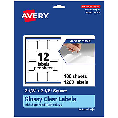 Avery® Glossy Permanent Labels With Sure Feed®, 94105-CGF100, Square, 2-1/8" x 2-1/8", Clear, Pack Of 1,200