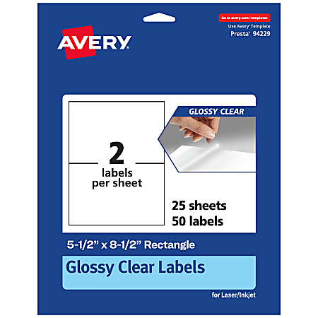 Avery® Glossy Permanent Labels, 94229-CGF25, Rectangle, 5-1/2" x 8-1/2", Clear, Pack Of 50