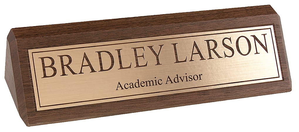 Custom Engraved Raised Gold Foil On Walnut Desk Bar, 1-3/4" x 8-1/2"