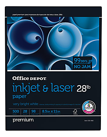 Office Depot® Inkjet And Laser Paper, 1 Ream, White, Letter Size (8 1/2" x 11"), Ream Of 500 Sheets, 28 Lb, 98 Brightness