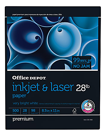 Office Depot® Inkjet And Laser Paper, White, Letter Size (8 1/2" x 11"), Ream Of 500 Sheets, 28 Lb, 98 Brightness