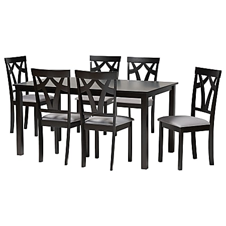 Baxton Studio Sylvia Fabric And Finished Wood 7-Piece Dining Set, 29-1/8”H x 59-1/8”W x 35-7/16”D, Gray/Dark Brown