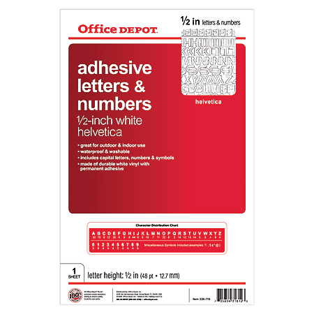 Stick-On Vinyl Indicators, Letters And Numbers, Helvetica, White, 1/2"