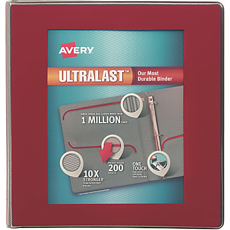 Avery® UltraLast One-Touch 3-Ring Binder, 1 1/2" Slant Rings, Red