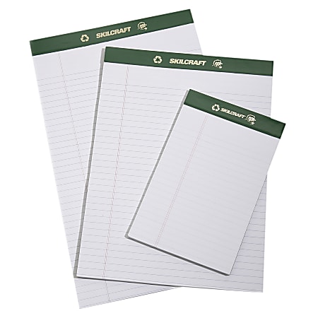 SKILCRAFT® 80% Recycled Chlorine-Free Writing Legal Pads, 8 1/2" x 14", Legal Ruled, White, 25 Sheets, Pack Of 12 (AbilityOne 7530-01-516-9626)