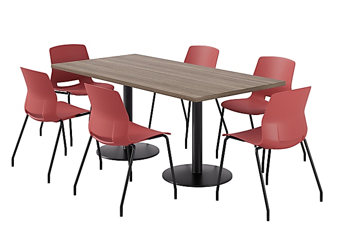 KFI Studios Proof Rectangle Pedestal Table With Imme Chairs, 31-3/4”H x 72”W x 36”D, Studio Teak Top/Black Base/Coral Chairs