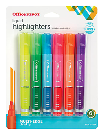 Office Depot® Brand Round Liquid Highlighters, Multi-Edge Chisel Tip, Clear Barrel, Assorted Ink Colors, Pack Of 6