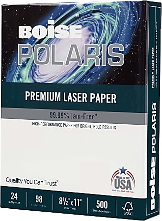 Boise POLARIS® Premium Laser Paper, Letter Size (8 1/2" x 11"), 98 (U.S.) Brightness, 24 Lb, FSC® Certified, White, Ream Of 500 Sheets