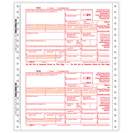 ComplyRight™ 1099-R Tax Forms, 4-Part, 2-Up, Copies A, B, C, D, 1-Wide, Continuous, 9" x 11", Pack Of 100 Forms