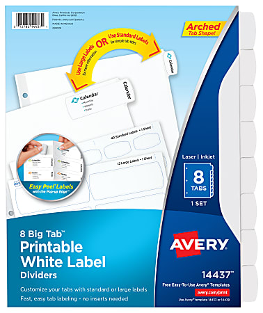 Avery® Big Tab™ Printable Label Dividers, Easy Peel®, 8 1/2" x 11", 8 Tabs, White, 1 Set