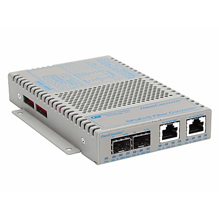 Omnitron OmniConverter 10/100/1000 PoE+ Gigabit Ethernet Fiber Media Converter Switch RJ45 SFP Wide Temp - 2 x 10/100/1000BASE-T; 2 x 100/1000BASE-X (SFP); US AC Powered; Lifetime Warranty
