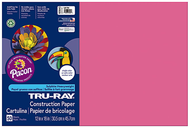 Tru-Ray® 50% Recycled Construction Paper, 12" x 18", Light Red, Pack Of 50