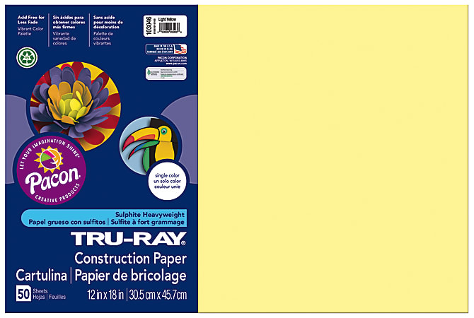Tru-Ray® Construction Paper, 50% Recycled, 12" x 18", Light Yellow, Pack Of 50