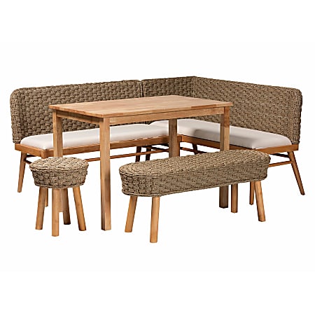 bali & pari Denver Natural Seagrass And Acacia Wood 5-Piece Dining Nook Set, 32-3/4”H x 73-1/4”W x 57-15/16”D, Brown/White/Natural