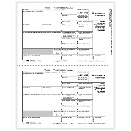 ComplyRight® 1099-MISC Tax Forms, Payer Copy C, 2-Up, Laser, 8-1/2" x 11", Pack Of 50 Forms