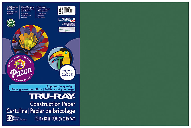 Tru-Ray® Construction Paper, 50% Recycled, 12" x 18", Dark Green, Pack Of 50