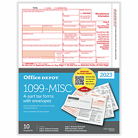 Office Depot® Brand 1099-MISC Laser Tax Forms And Envelopes, 4-Part, 2-Up, 8-1/2" x 11", Pack Of 10 Form Sets, 6101023