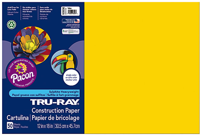 Tru-Ray® Construction Paper, 50% Recycled, 12" x 18", Yellow, Pack Of 50