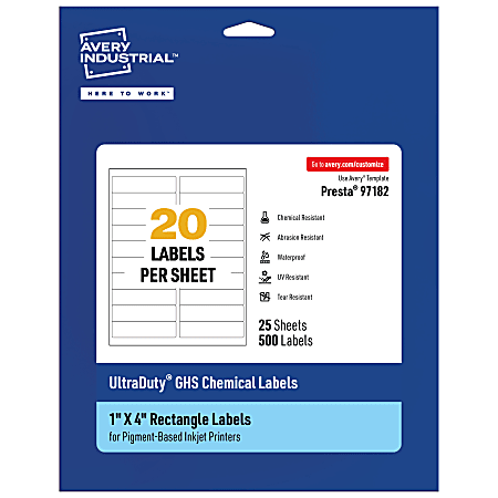 Avery® Ultra Duty® Permanent GHS Chemical Labels, 97182-WMUI25, Rectangle, 1" x 4", White, Pack Of 500
