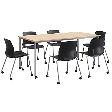 KFI Studios Dailey Table Set With 6 Caster Chairs, Natural/Gray Table/Black Chairs