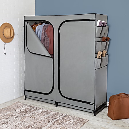 Honey Can Do 2-Door Portable Wardrobe Closet With Cover And Side Pockets, 65”H x 20”W x 60”D, Gray