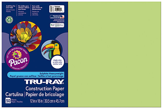 Tru-Ray® Construction Paper, 50% Recycled, 12" x 18", Chartreuse, Pack Of 50