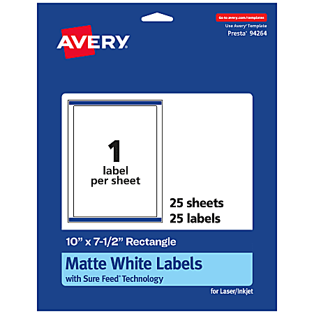 Avery® Permanent Labels With Sure Feed®, 94264-WMP25, Rectangle, 10" x 7-1/2", White, Pack Of 25