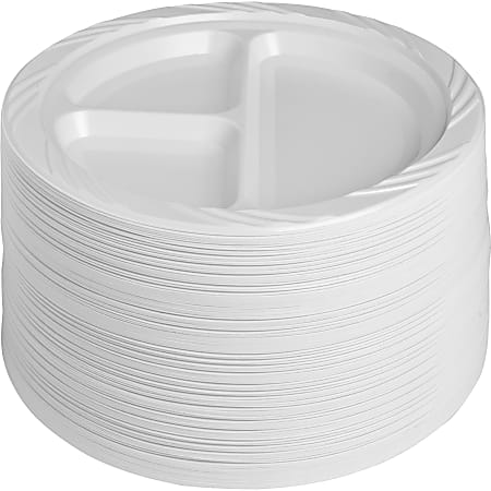 Genuine Joe 3-section Plastic Plates - 125 / Pack - Disposable - White - Plastic Body - 500 / Carton