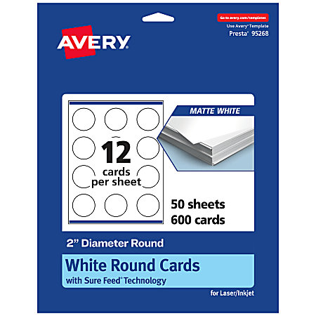 Avery® Printable Business Cards With Sure Feed® Technology, 95268-MWC50, Round, 2" Diameter, Matte White, Pack Of 600