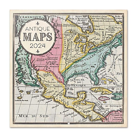 2024 TF Publishing Bilingual Monthly Wall Calendar, 12" x 12", Antique Maps, January To December