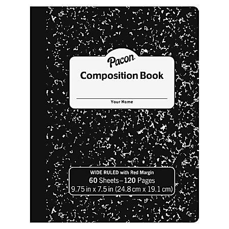 Pacon Composition Book - 60 Sheets - Wide Ruled - 0.38" Ruled - 7 1/2" x 9 3/4" - Black Cover Marble - 72 / Carton