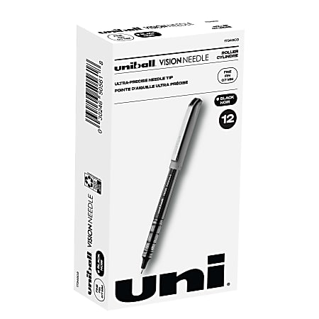 uni-ball® Vision™ Needle Liquid Ink Rollerball Pens, Fine Point, 0.7 mm, Gray Barrel, Black Ink, Pack Of 12