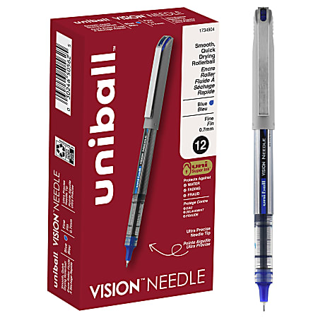 uni-ball® Vision™ Needle Liquid Ink Rollerball Pens, Fine Point, 0.7 mm, Gray Barrel, Blue Ink, Pack Of 12