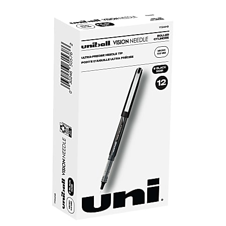uni ball Vision Needle Liquid Ink Rollerball Pens Micro Point 0.5 mm Black  Barrel Black Ink Pack Of 12 - Office Depot