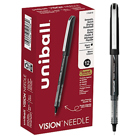 uni-ball® Vision™ Needle Liquid Ink Rollerball Pens, Micro Point, 0.5 mm, Black Barrel, Black Ink, Pack Of 12