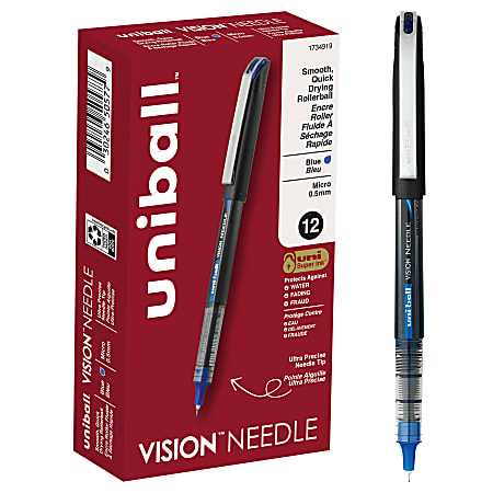 uni ball Vision Needle Liquid Ink Rollerball Pens Micro Point 0.5 mm Black  Barrel Blue Ink Pack Of 12 - Office Depot