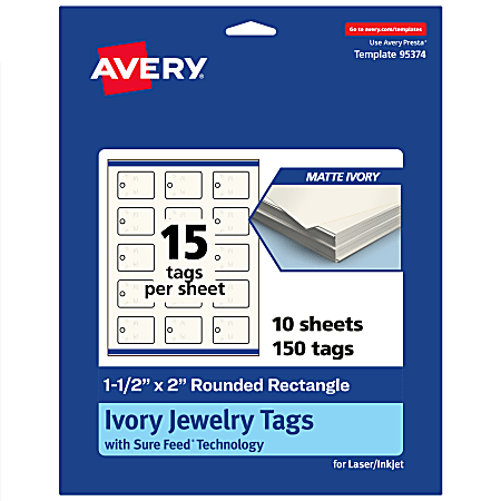 Avery® Print-To-The-Edge Jewelry Tags With Sure Feed® Technology, 1-1/2"x2" Rectangle Rounded, Matte Ivory, Pack Of 150