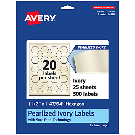 Avery® Pearlized Permanent Labels With Sure Feed®, 94120-PIP25, Hexagon, 1-1/2" x 1-47/54", Ivory, Pack Of 500 Labels