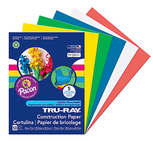 Tru-Ray® Construction Paper, 9" x 12", 50% Recycled, Assorted Primary Colors, Pack Of 50