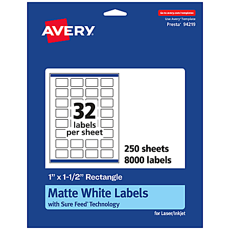 Avery® Permanent Labels With Sure Feed®, 94219-WMP250, Rectangle, 1" x 1-1/2", White, Pack Of 8,000