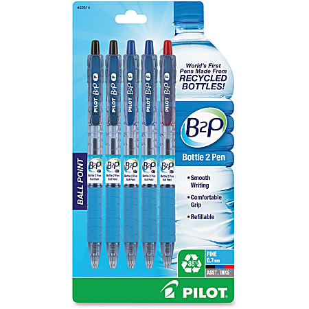 Pilot Bottle to Pen (B2P) B2P Recycled Retractable Ballpoint Pens - Fine Pen Point - Refillable - Retractable - Assorted - 5 / Pack